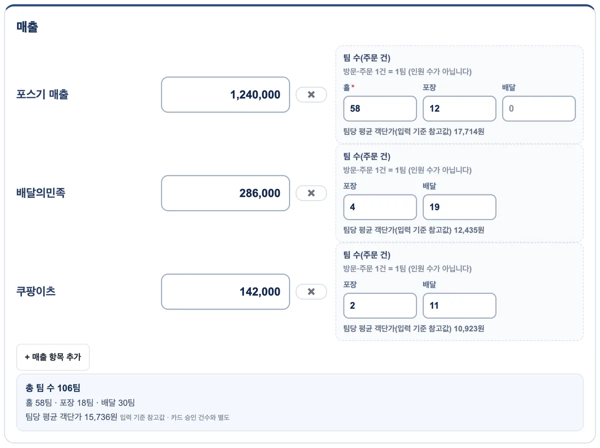 일마감 매출 입력 화면