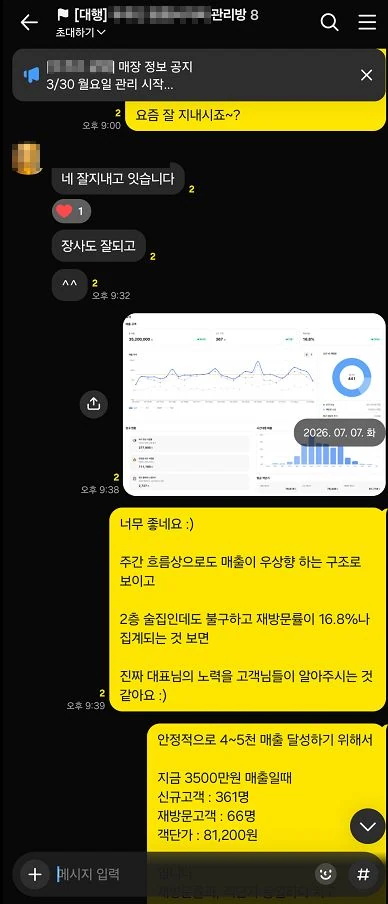 장사도 잘되고 잘 지낸다는 사장님 메시지
